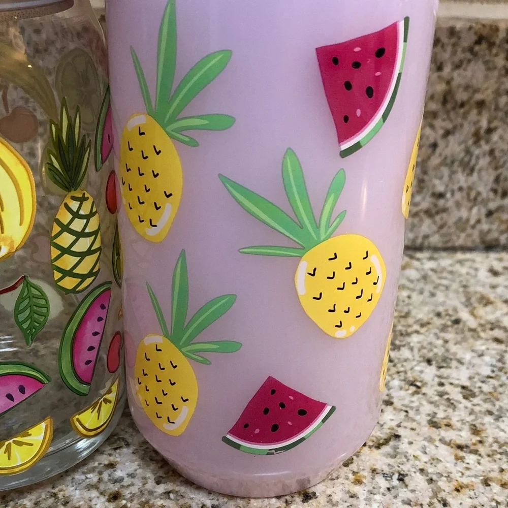 Fruit Print Mason Style Tumblers with Straws - Yellow & Pink